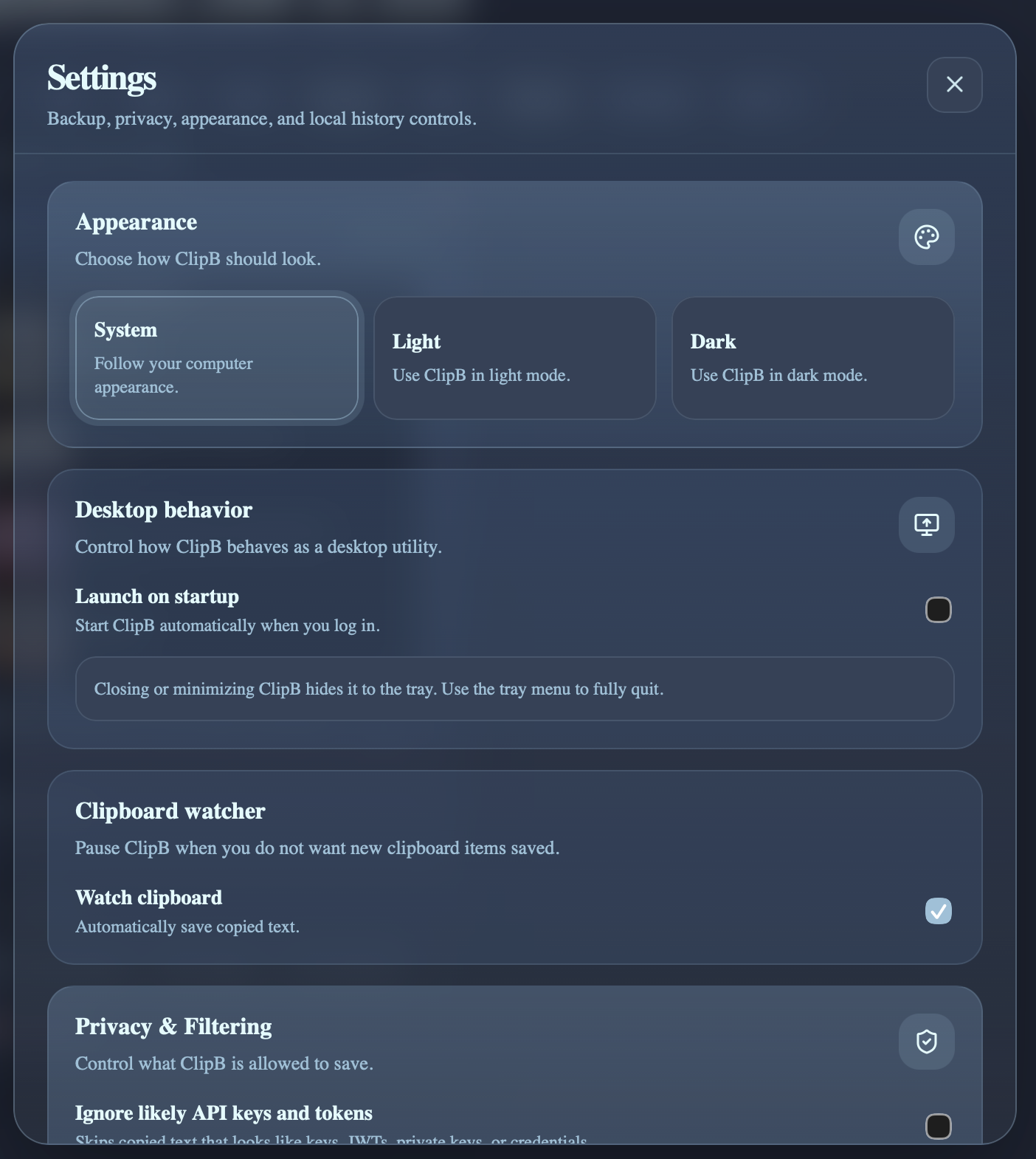 Settings and privacy